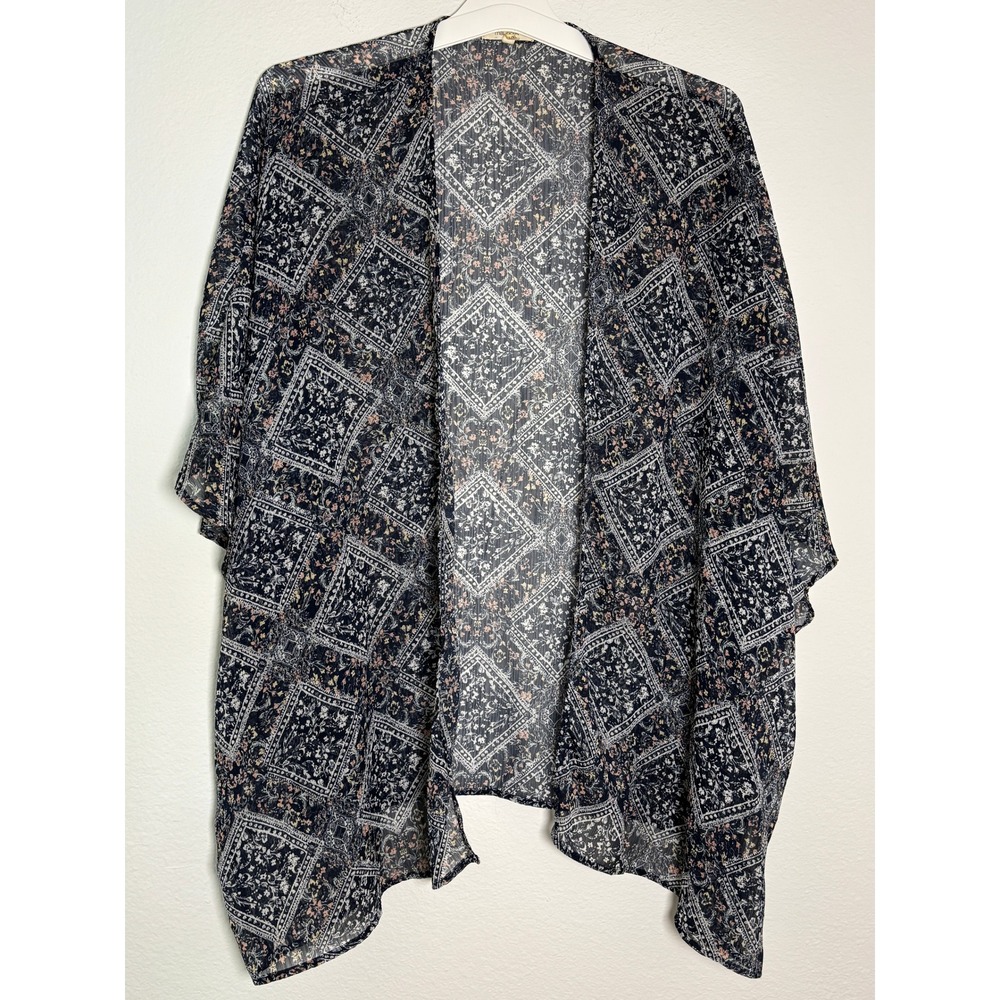 Maurices Navy Blue Geometric Tile Print Sheer Open Front Kimono Cardigan L/XL